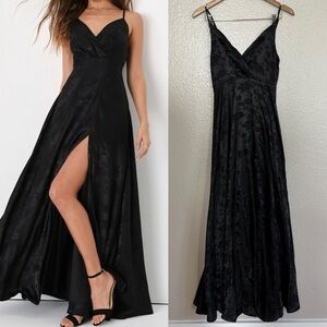 Forever Exquisite Black Satin Surplice Maxi Dress